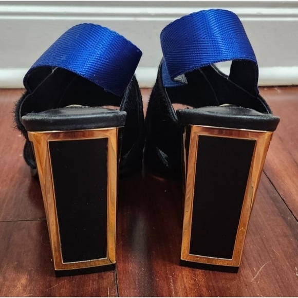 Kat Maconie Black Pony Hair Slingback Heels Gold Block Heel Blue Strap Sz 38 / 7 - Picture 10 of 15